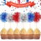 100 Pcs Foil Firework Cupcake Toppers Sparkle Tinsel Cake Toppers Cake Decoration Cocktail Fruit Toothpick for Birthday Wedding Graduation Party(Silver, Red, Blue)